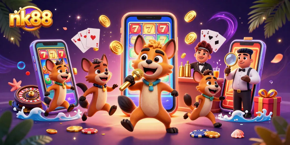 Engage in exciting games at nk88 with hyenas running a comedy casino and vibrant slot visuals.