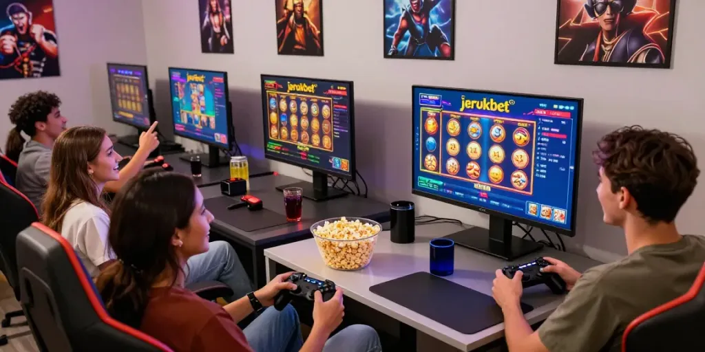 Friends enjoying an interactive gaming session on jerukbet's vibrant slot games in a modern lounge.
