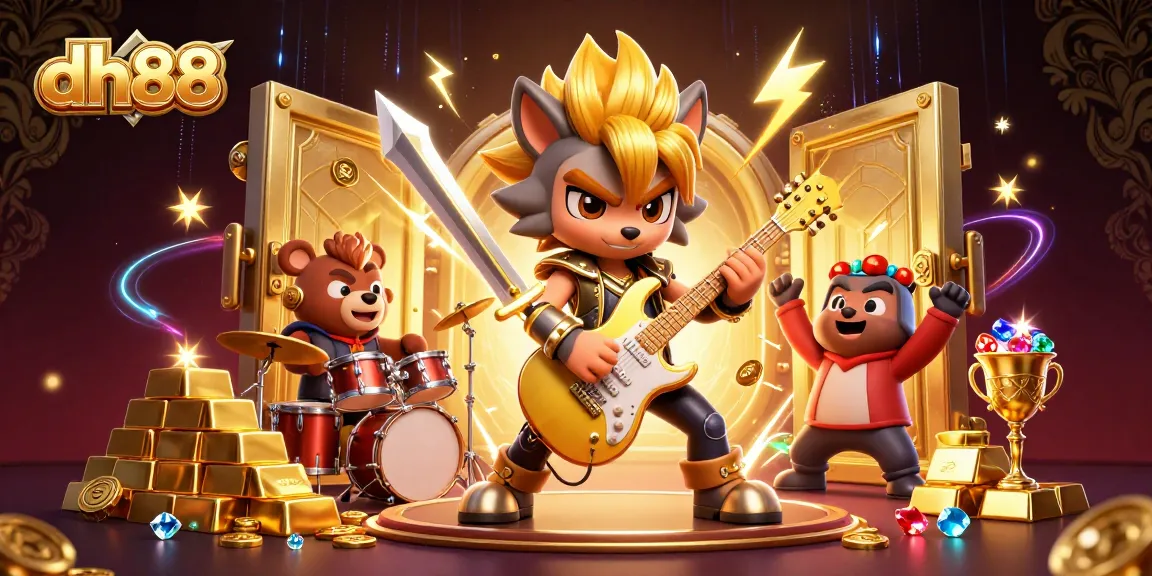 Experience the thrill of dh88 casino action with a rock star wolf and golden treasures.