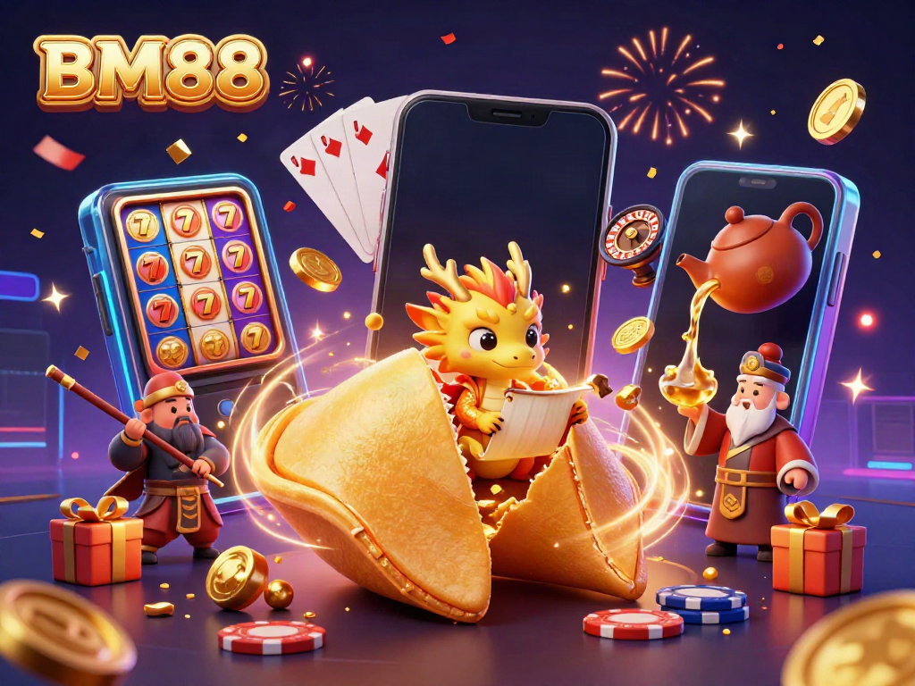 Engage with thrilling BM88 casino action featuring a gold fortune cookie and slot game elements.