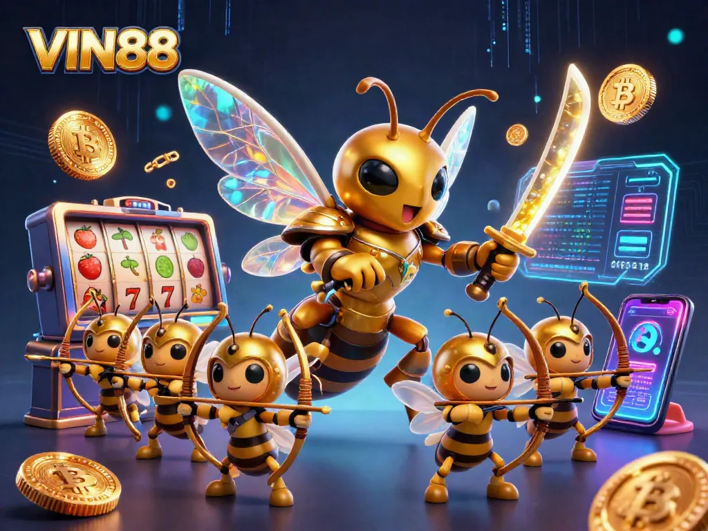 Join the excitement at VIN88 with a vibrant illustration of a golden hornet samurai in a lively casino scene.