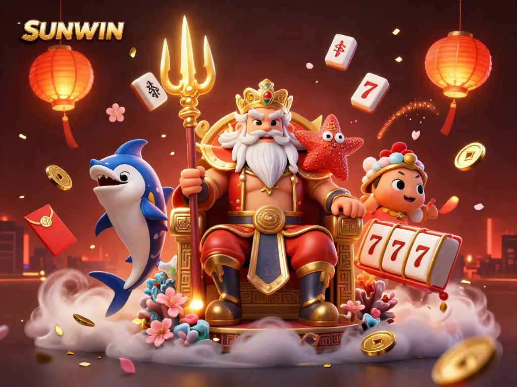 SUNWIN showcases an exciting casino scene featuring Neptune and vibrant gambling elements in dynamic action.