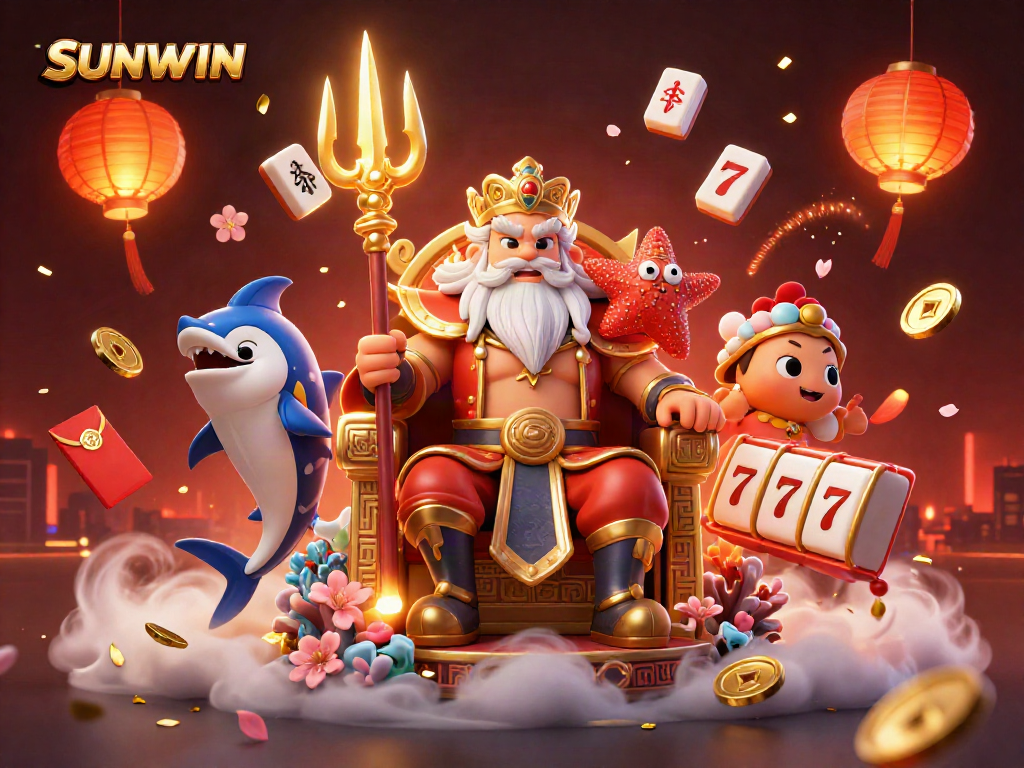 SUNWIN showcases an exciting casino scene featuring Neptune and vibrant gambling elements in dynamic action.