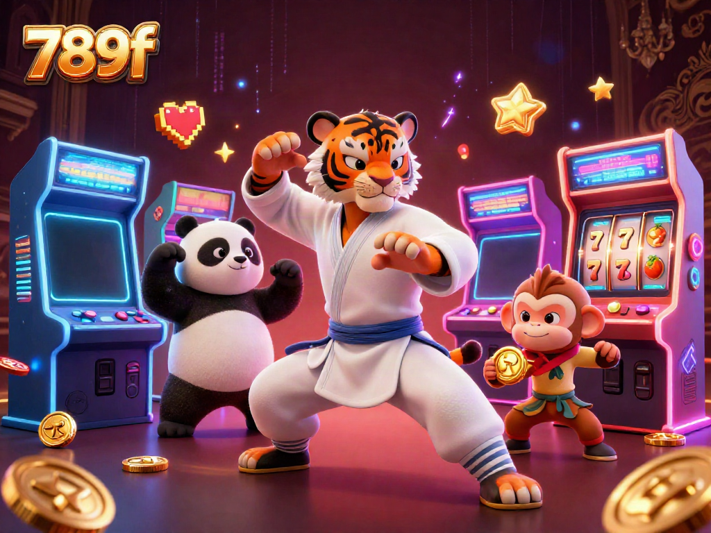 Experience the exciting world of 789f as a tiger master, panda, and monkey celebrate jackpots amidst vibrant casino game elements.