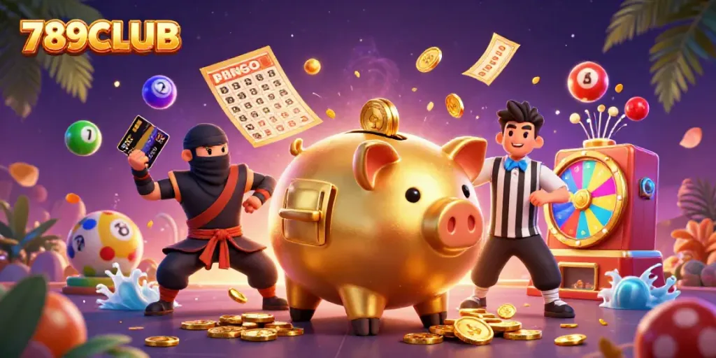 Join the excitement of 789CLUB with dynamic gaming elements and characters in a vibrant casino scene.