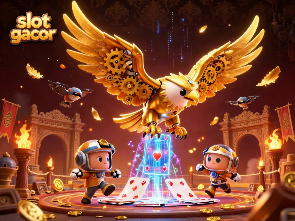 Engage in the thrilling action of slot gacor with a cybernetic eagle amid holographic cards and golden tokens.