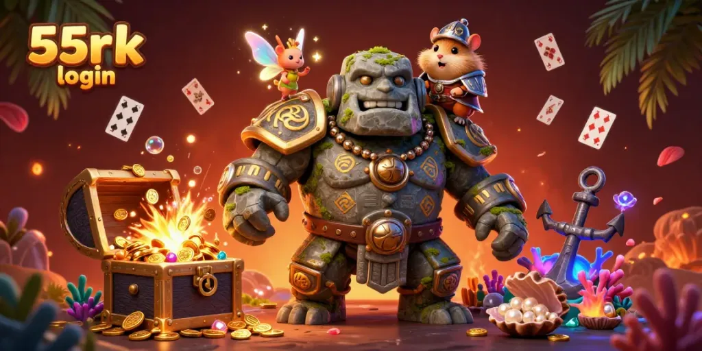 Engage in thrilling gaming with 55rk login, as a golem guardian and companions explore magical depths.