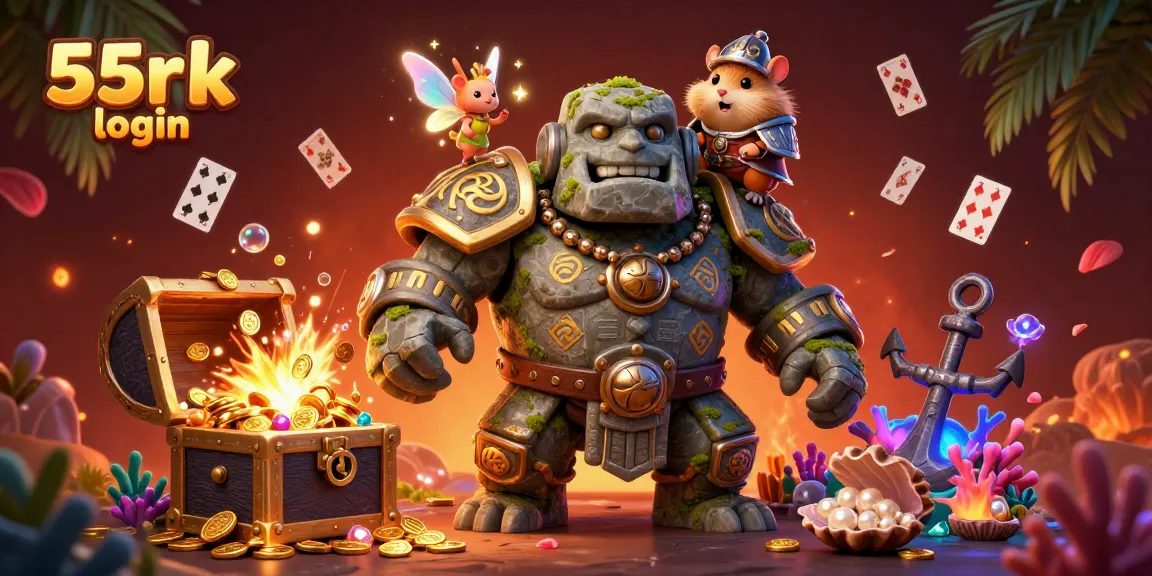 Engage in thrilling gaming with 55rk login, as a golem guardian and companions explore magical depths.