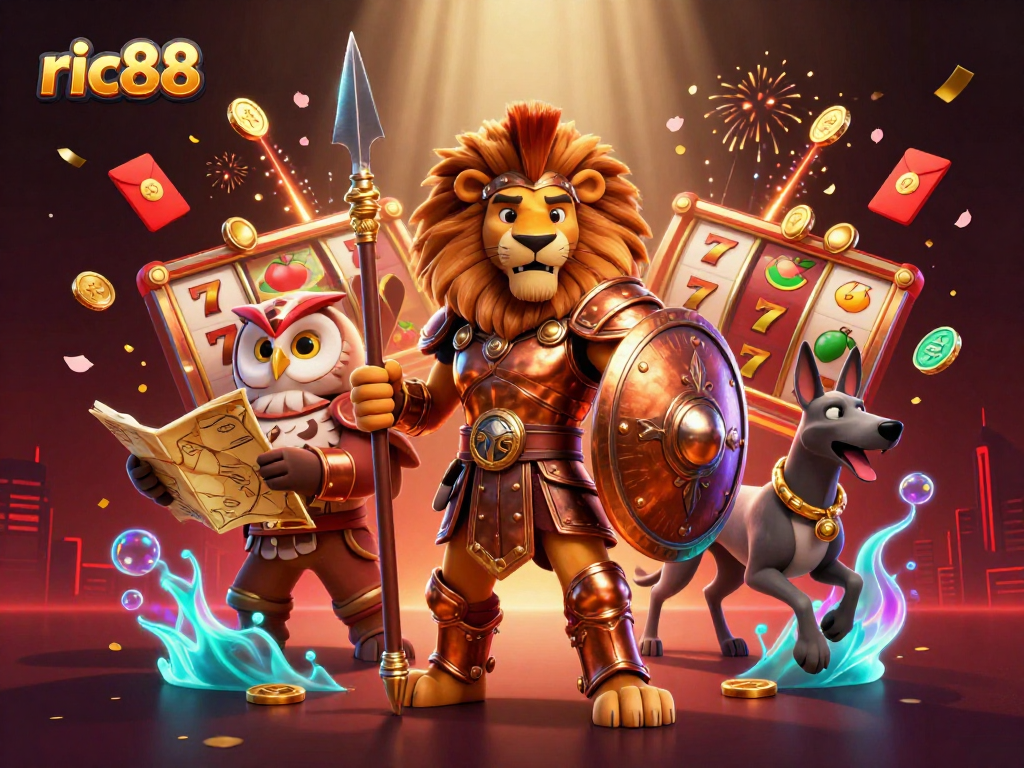 Experience excitement with ric88 casino's dynamic slot-themed illustration showcasing winning elements.