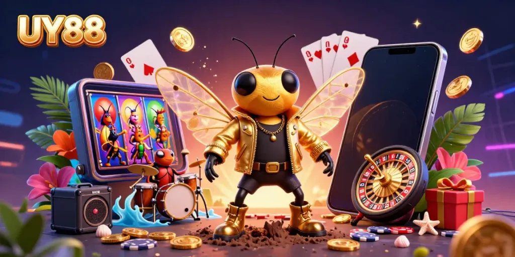 Experience thrilling gaming action with UY88's vibrant 3D casino scene featuring a cartoon cicada rock star and dynamic slot elements.