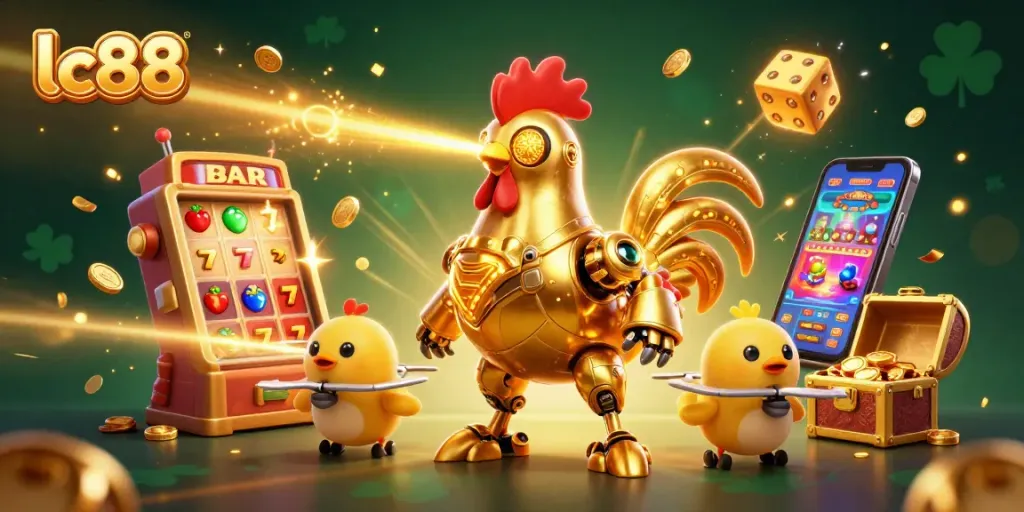 Play vibrant casino games with lc88 amidst golden coins and slot machines