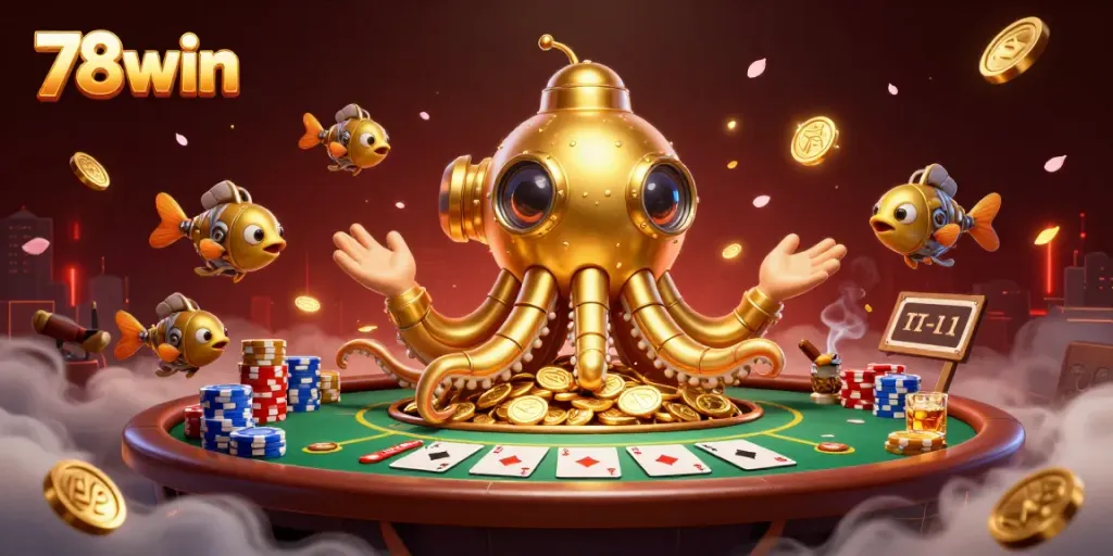 Immerse in 78win's vibrant gambling world with a golden kraken submarine among poker chips and cards.