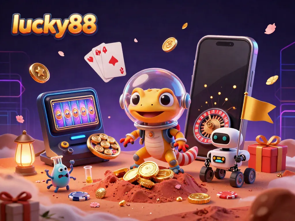 Experience the fun of lucky88 gaming in vibrant 3D with a Martian gecko discovering a casino.