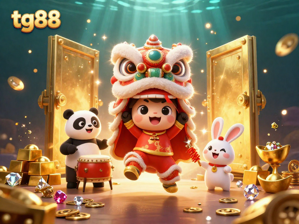 Experience excitement at tg88 with vibrant 3D casino characters among golden treasures and festive decorations.