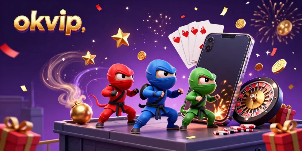 Engage in exciting slot gaming with okvip while a team of ninja chameleons showcase martial arts on a rooftop.