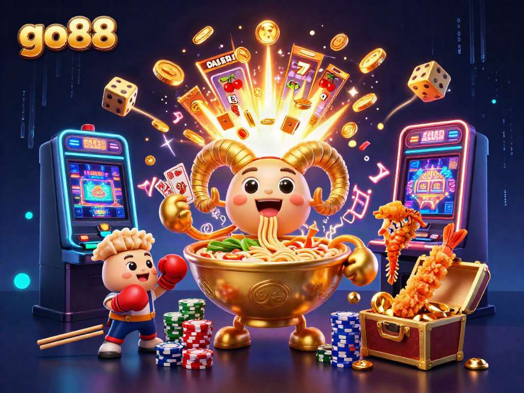 Engage with go88's vibrant casino adventure featuring a golden ramen bowl dealer, dynamic slot machine, and colorful game elements.