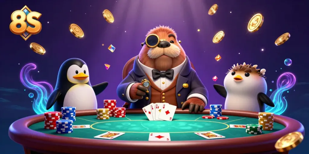 Experience the thrill of 8S casino gameplay with exciting poker action and dynamic wealth in an underwater setting.