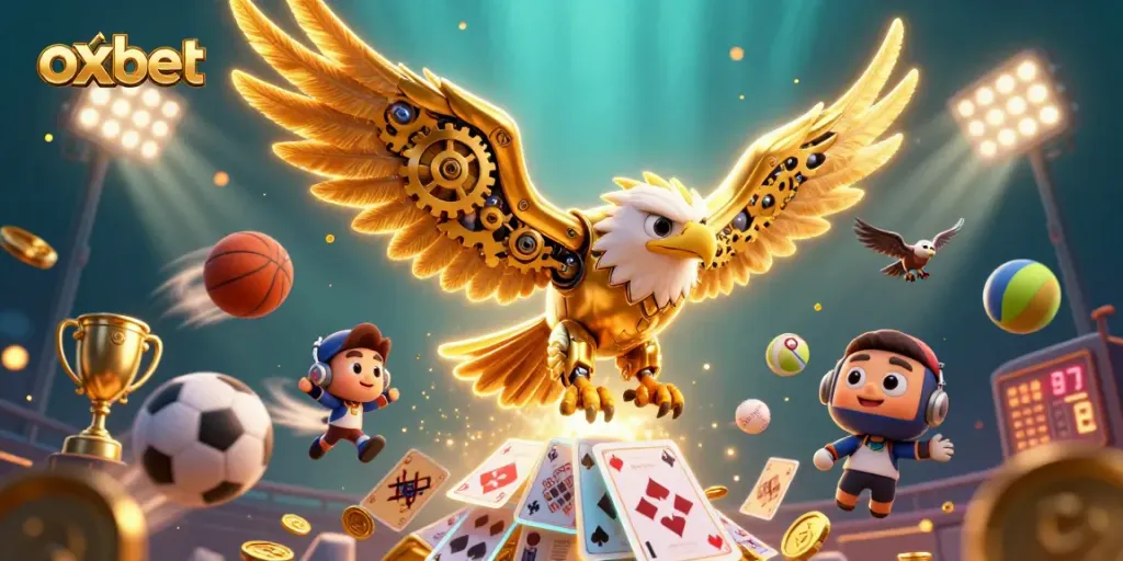 Engage in thrilling gameplay with oxbet's vibrant immersive illustration showcasing dynamic sports elements and a cybernetic eagle.