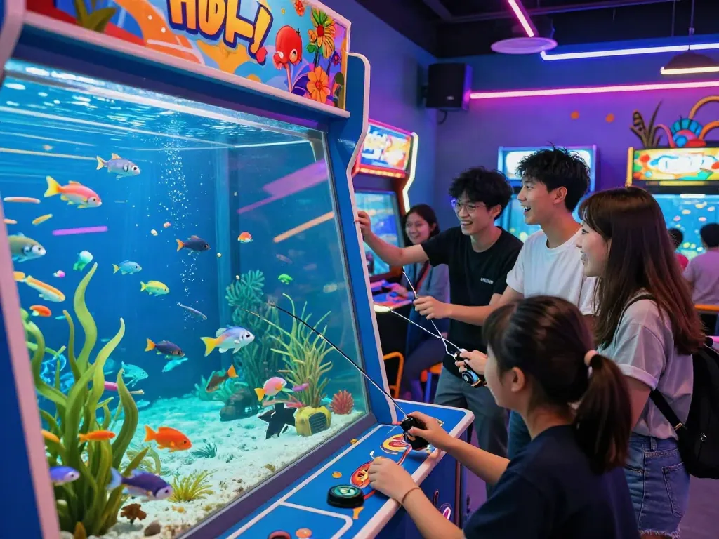 Engaged players experience lại là Bắn cá đổi thưởng in a colorful arcade environment.