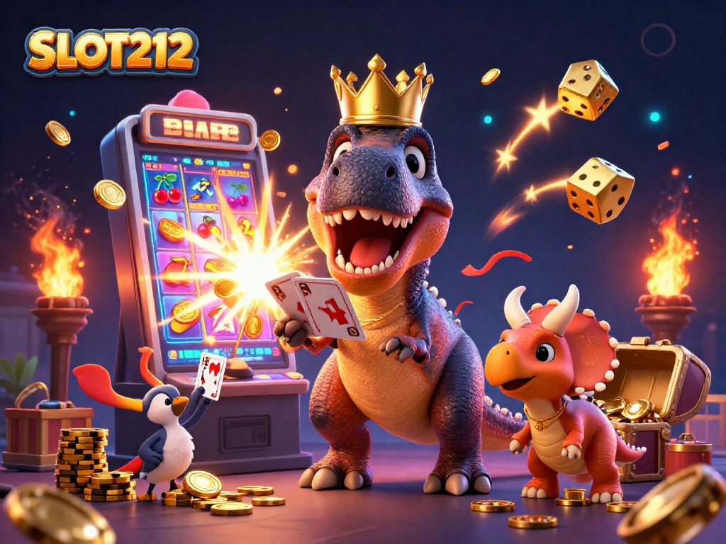 SLOT212 showcases a fun 3D dinosaur casino scene with a T-Rex and friends amidst a slot machine jackpot.