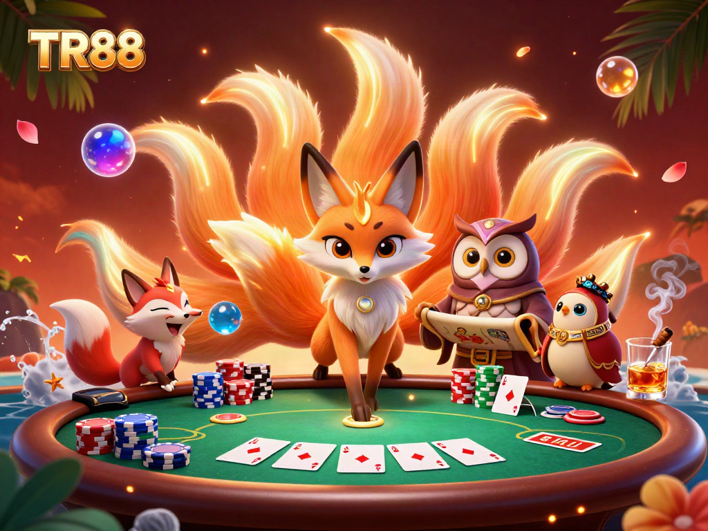 Engage with TR88's vibrant 3D casino universe featuring a nine-tailed fox and poker elements in a celebratory scene.