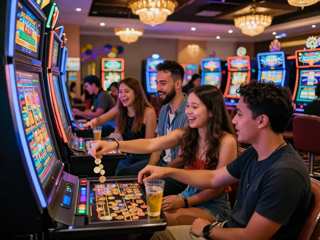 Excited friends celebrating a win at Lumbung88 slot machine in a vibrant casino atmosphere