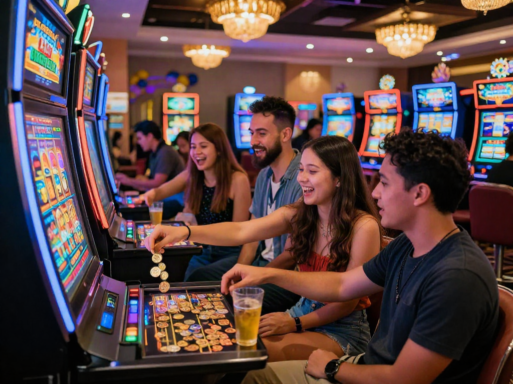 Excited friends celebrating a win at Lumbung88 slot machine in a vibrant casino atmosphere
