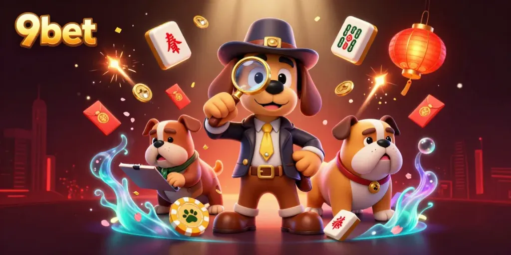 Celebrate thrilling wins at 9bet with a lively casino scene featuring a detective and his bulldog companion.