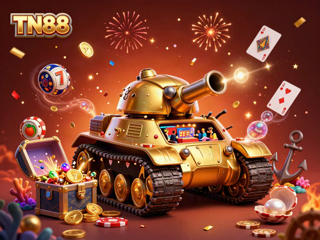 Experience the action of TN88 in a vibrant 3D casino scene with slot reels and gold coins.