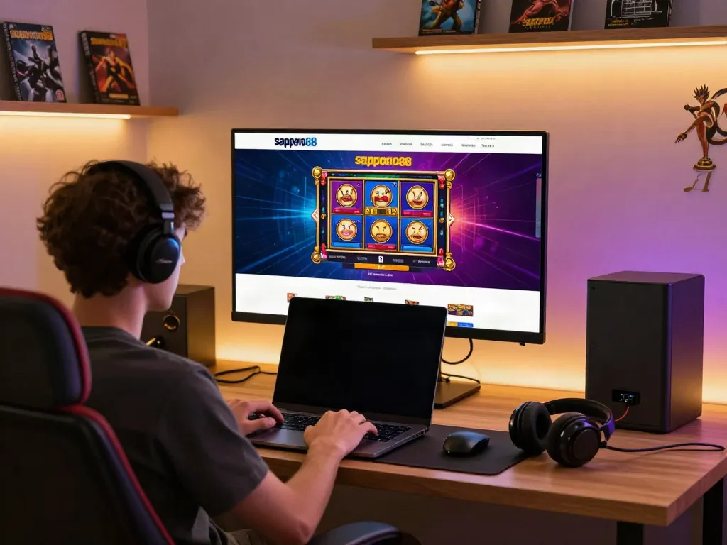 User enjoying sapporo88 online gambling with colorful game graphics on a cozy gaming setup