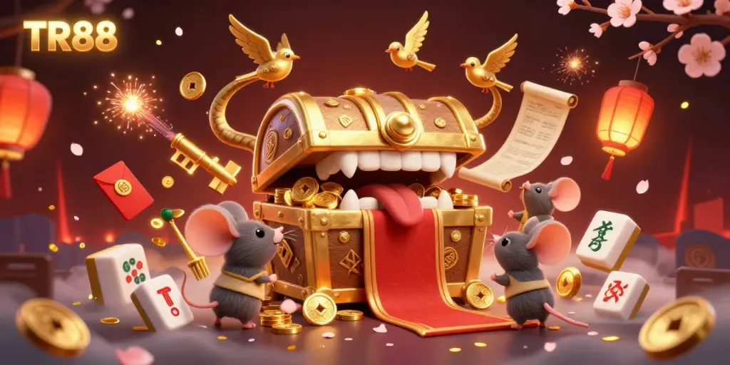 Experience the excitement of TR88 with vibrant 3D treasure chest and adventure elements in a gaming paradise.