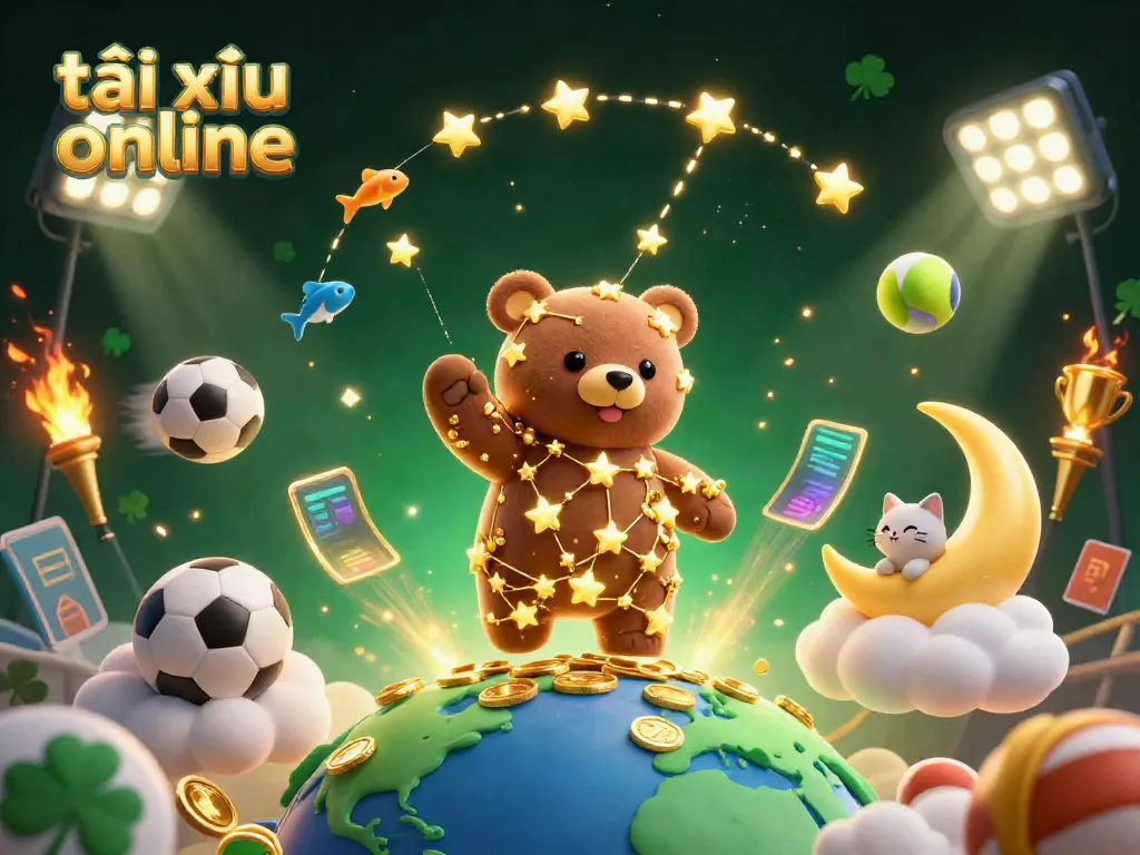 Experience thrilling tài xỉu online action with golden stars and playful elements in a vibrant 3D illustration.