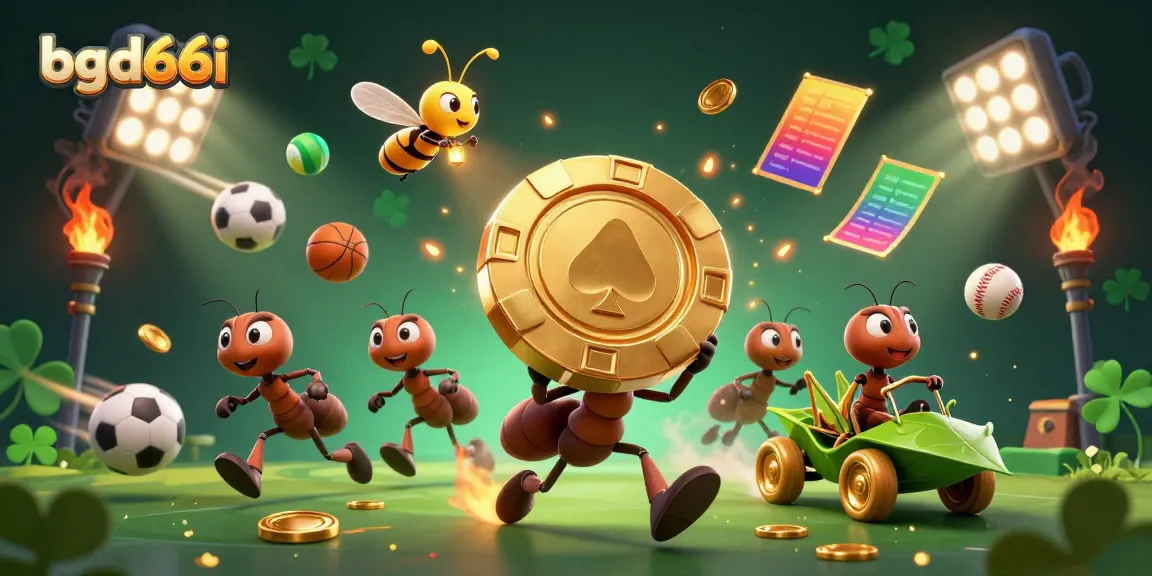 Experience the excitement of bgd66i as 3D ants and friends carry a golden poker chip while dynamic sports elements surround them.
