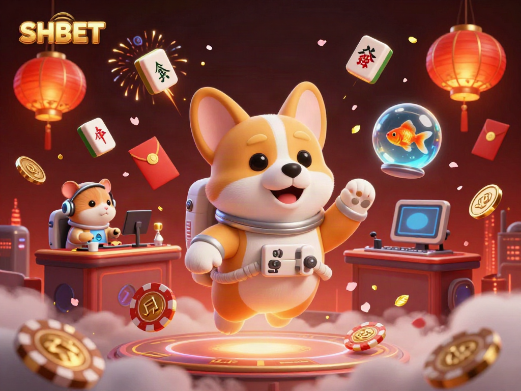 Play thrilling games at SHBET with the playful corgi astronaut in a vibrant casino atmosphere.