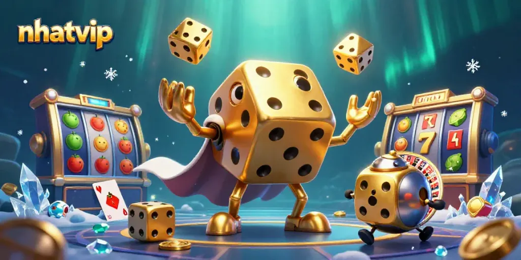 Nhatvip's thrilling game scene showcases a vibrant 3D illustration of a golden dice golem amidst slot reels and sparkling elements.