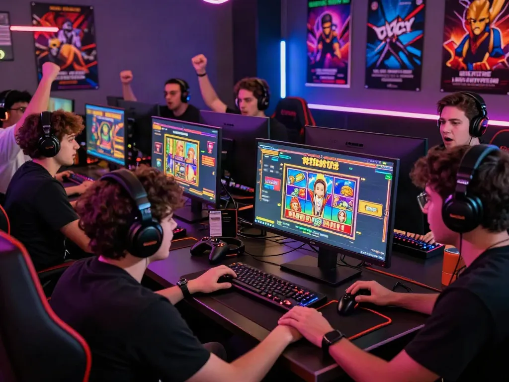 Players enjoying online games at Lumbung88, vibrant atmosphere with headsets and neon lights.