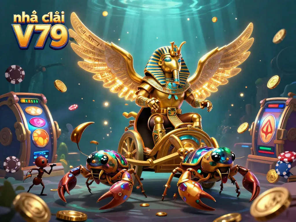 Experience the excitement of Nhà cái V79 with vibrant slot game reels and a dynamic golden scarab scene.