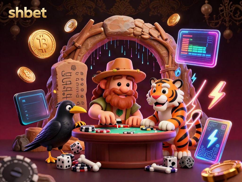 Experience shbet with a lively prehistoric casino featuring a caveman duo, vibrant coins, and electrifying effects.