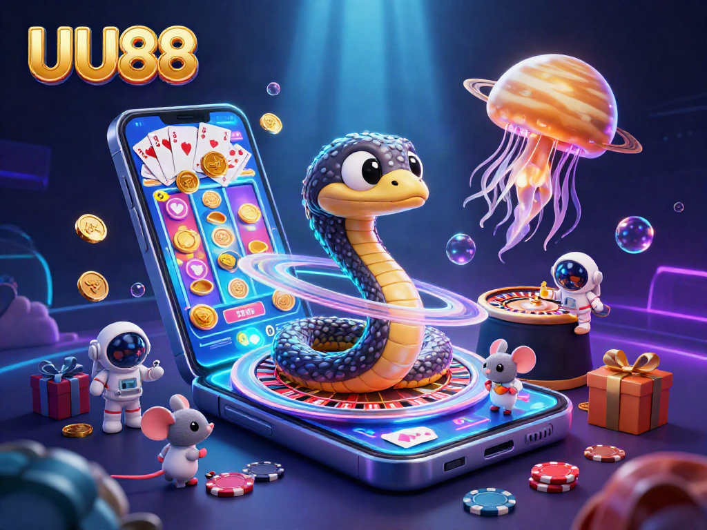 Spin the reels and win big at UU88 with a vibrant cosmic casino scene featuring slot games and playful elements.
