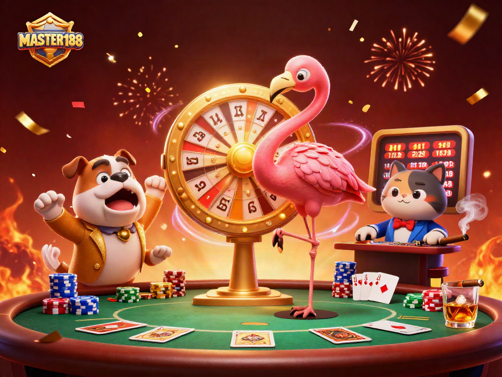 Spin the giant prize wheel with MASTER188, a festive cartoon casino scene bursting with energy.