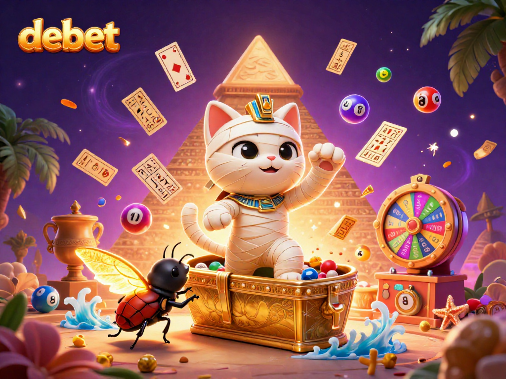 Engage with debet's vibrant pyramid casino illustration featuring a mummy cat and scarab beetle.