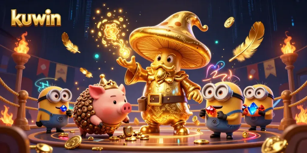 Kuwin sports betting wizard casting gold, surrounded by treasure, action-packed casino scene