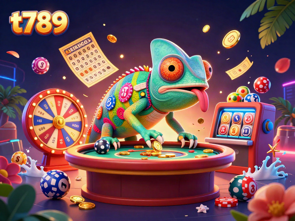 Engage with vibrant gameplay at t789 featuring a colorful chameleon casino owner in an exciting casino environment.