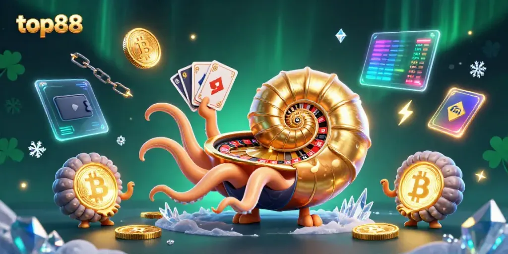 Win big at top88 with a magical nautilus roulette wheel amidst vibrant casino elements.