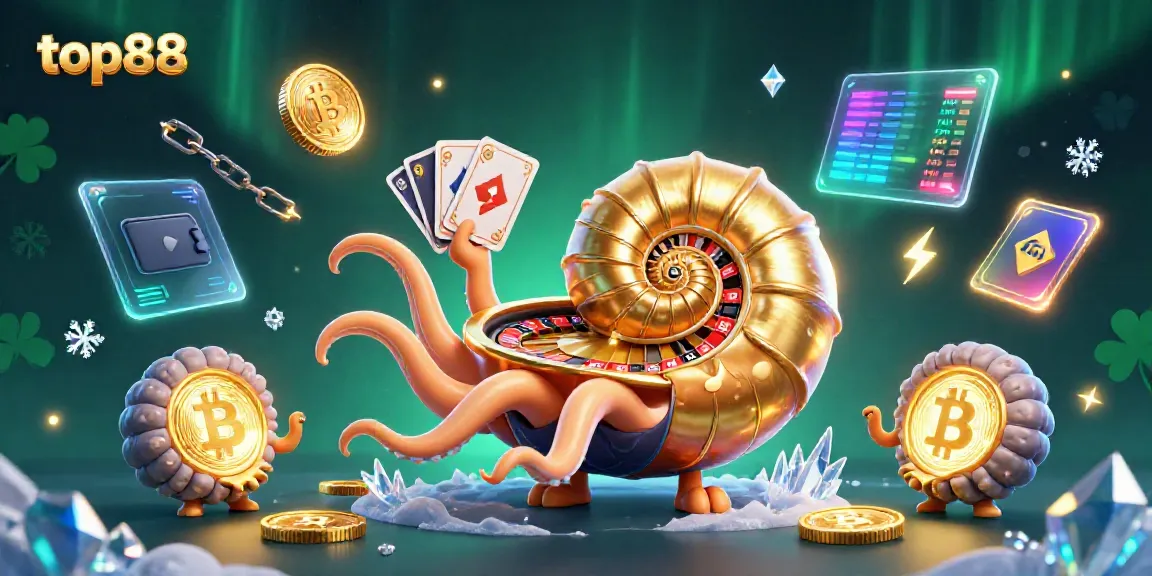 Win big at top88 with a magical nautilus roulette wheel amidst vibrant casino elements.