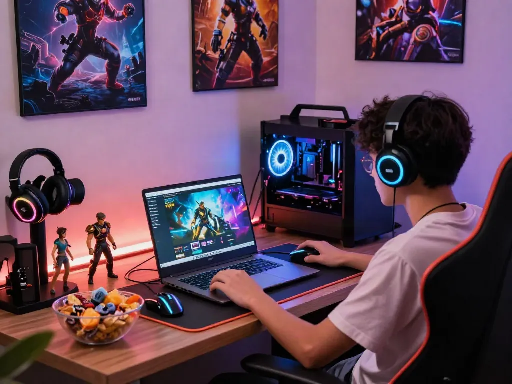 Gamer exploring the warung168 digital platform in a vibrant gaming nook filled with accessories and ambient lighting.