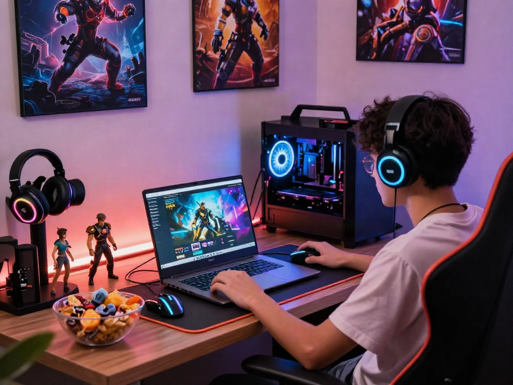 Gamer exploring the warung168 digital platform in a vibrant gaming nook filled with accessories and ambient lighting.