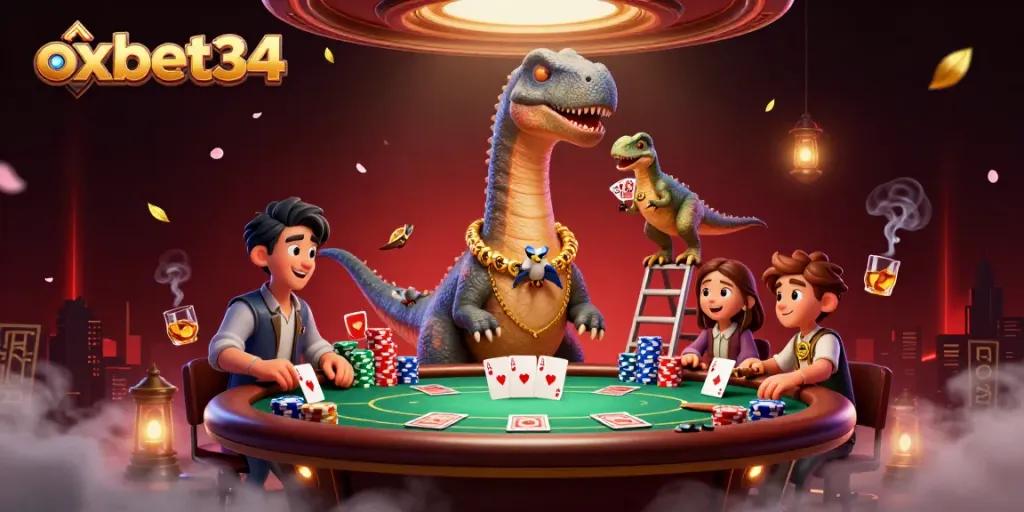 Engage in thrilling gameplay with oxbet34 featuring a towering brontosaurus and dynamic poker elements.