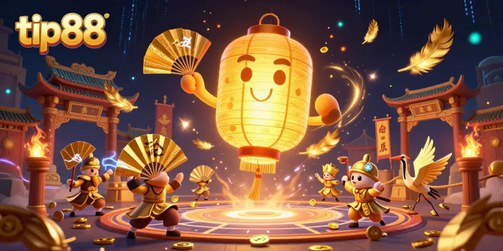 Engage with the vibrant tip88 gambling scene featuring a glowing lantern spirit, paper fan warriors, and a dynamic casino atmosphere.