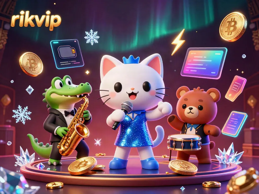 Experience the dynamic casino scene with rikvip featuring jazz-singer cat, saxophonist crocodile, and drummer bear in an exciting illustration.